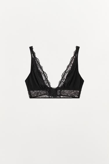 Zara TROKUTASTI GRUDNJAK BRALETTE S KOMBINIRANOM ČIPKOM – Crna