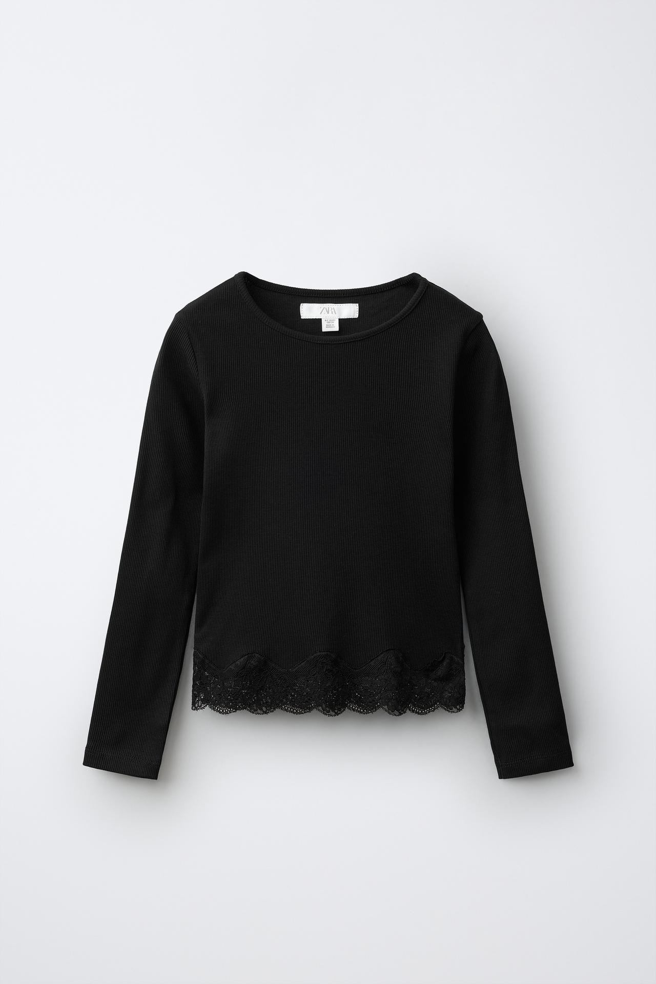 LACE RIB T-SHIRT — Black