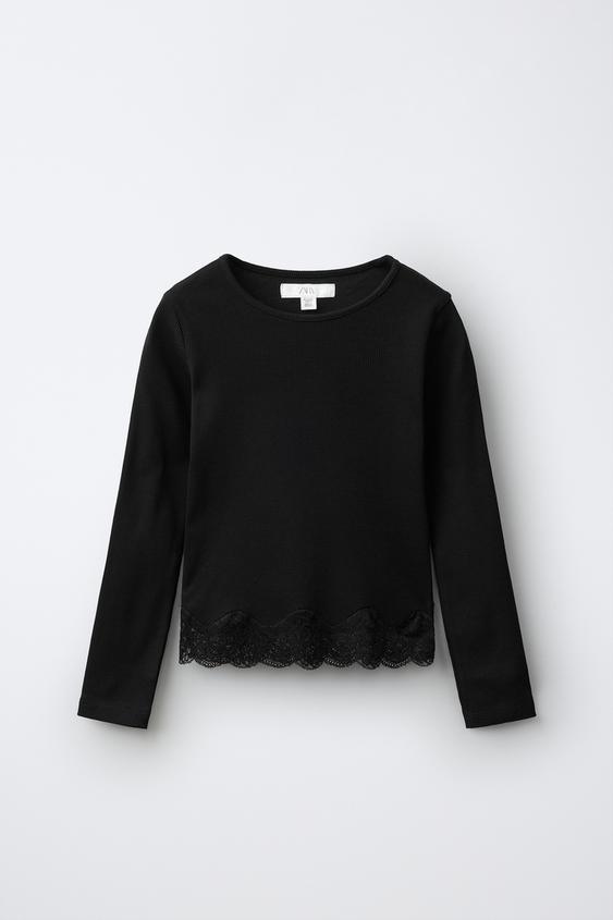 RIBBED LACE T-SHIRT - Black by Zara - Image 0