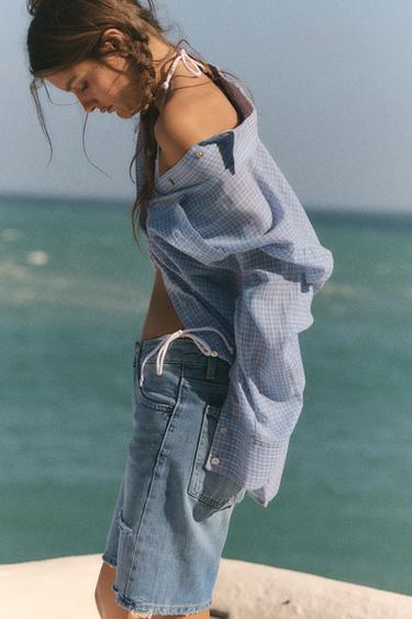 OVERSIZE GAUZE SHIRT WITH POCKET - Ecru / Blue by Zara