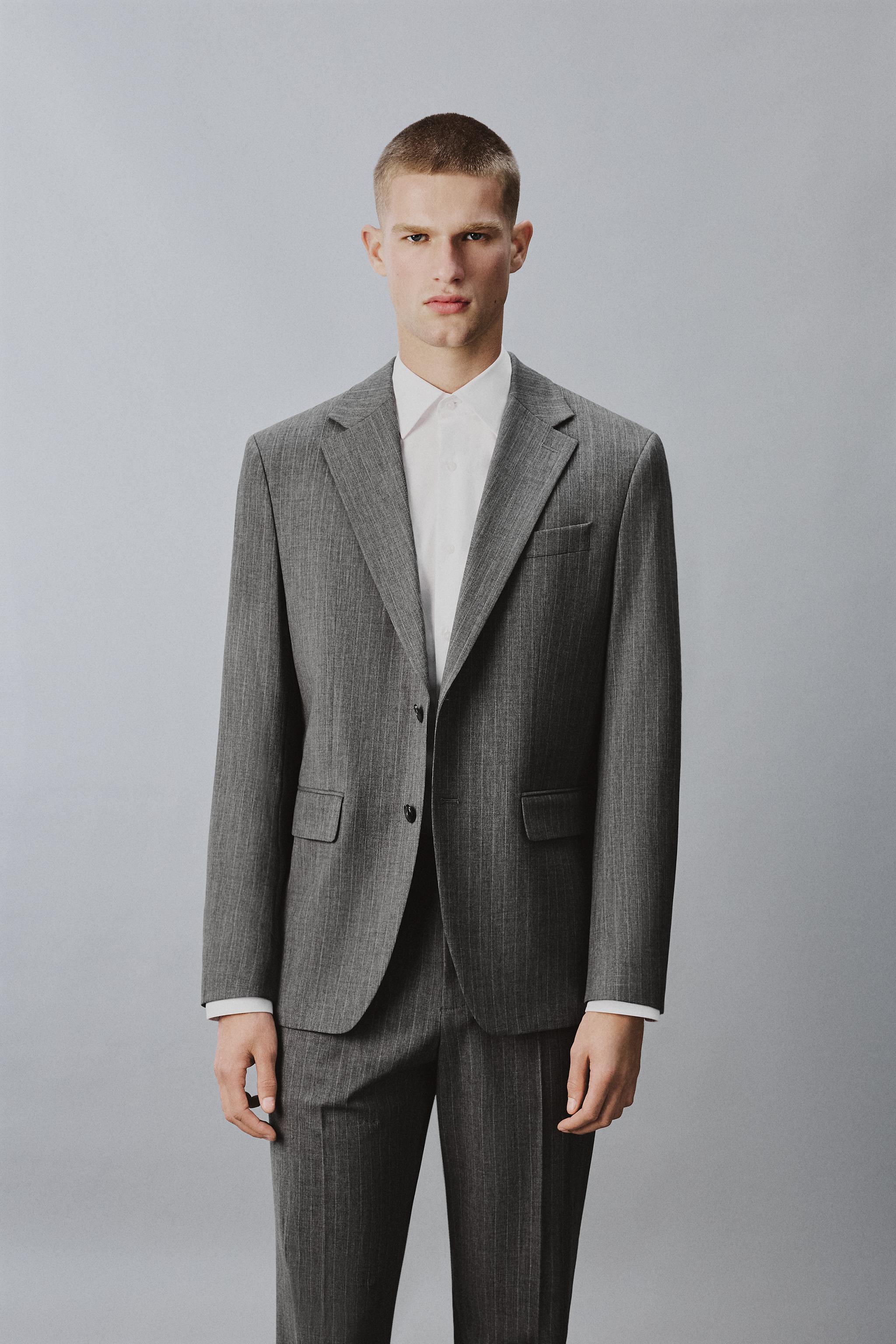 WOOL BLEND PINSTRIPE SUIT BLAZER