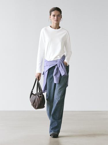 Zara 100% cotton interlock long sleeve T-shirt - Oyster-white - Image 0