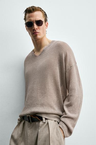 100% LINEN RELAXED FIT JUMPER - Light beige by Zara - Image 4