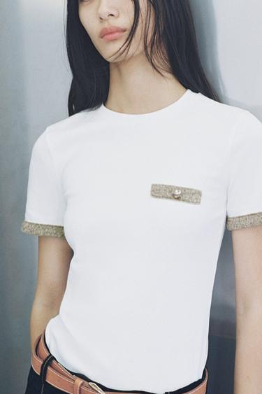 METALLIC THREAD T-SHIRT - White by Zara