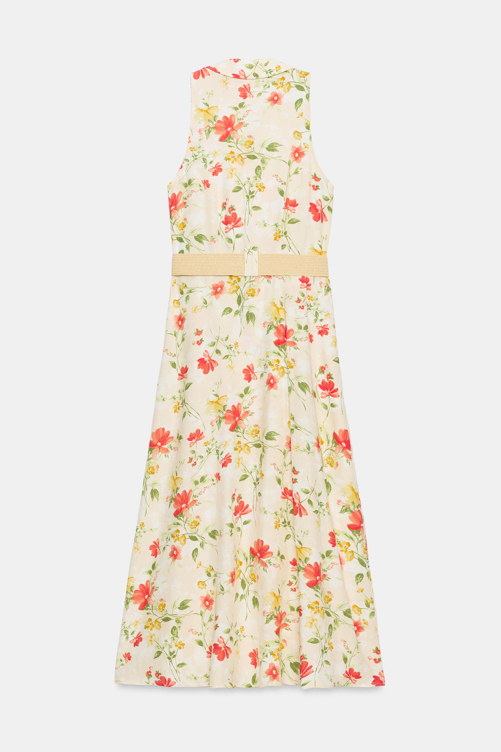 Zara Çiçek Desenli Kemerli Midi Elbise görsel 8