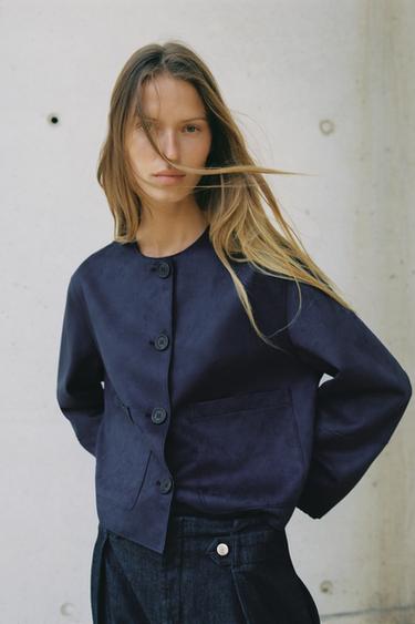 Zara FAUX SUEDE JACKET - Navy blue