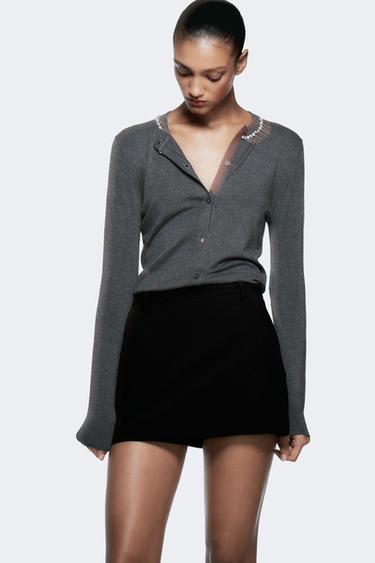 КАРДИГАН С БУСИНАМИ НА ВОРОТНИКЕ — СЕРЫЙ С МЕЛАНЖЕВЫМ ЭФФЕКТОМ от Zara
