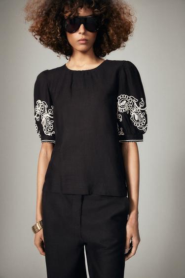 TOP BORDADO MEZCLA LINO ZW COLLECTION - Marrón de Zara