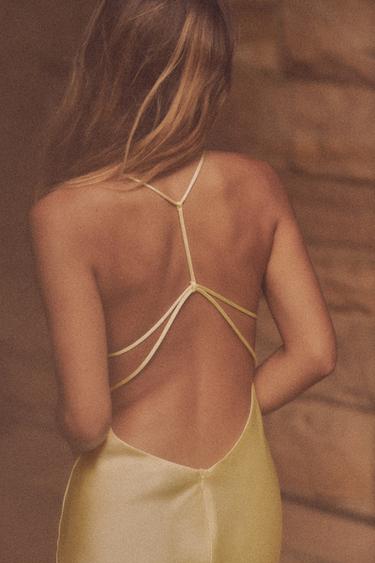 SATIN MIDI DRESS WITH STRAPS ON THE BACK - Lime by Zara