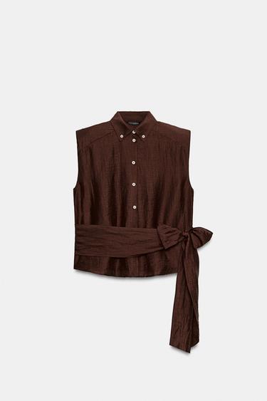 TOP À ÉPAULETTES EN LIN AVEC CEINTURE - Marron foncé de Zara - Image 6