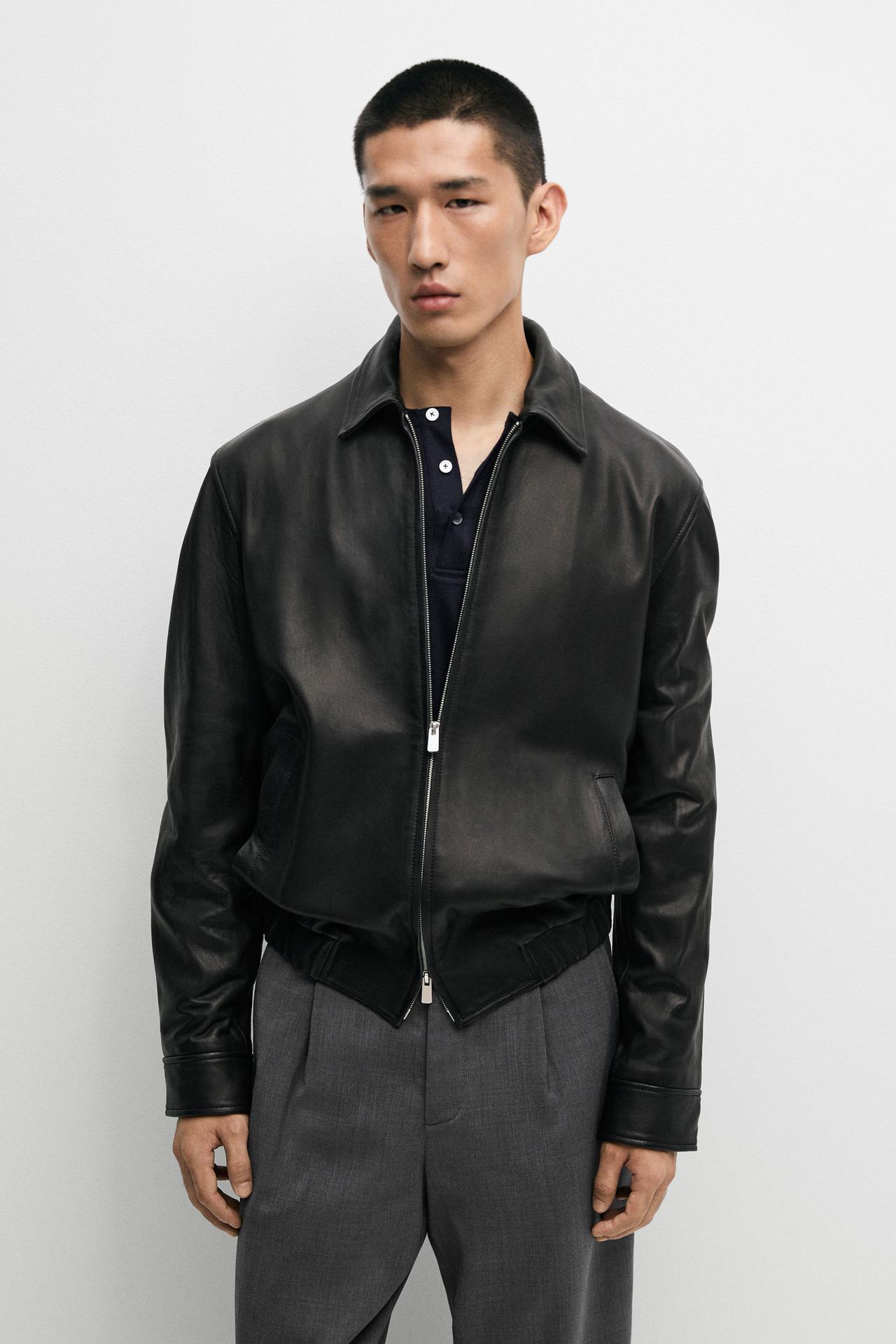 Jacket with nappa leather collar detail — Black