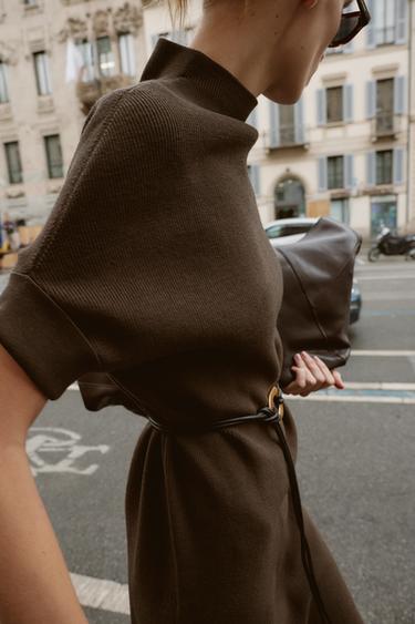 KNIT DRESS WITH BELT - Mink by Zara