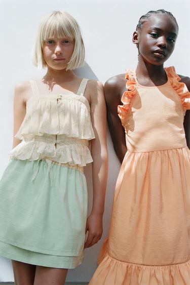 FLORAL DOUBLE-RUFFLE TOP - Green / Ecru by Zara