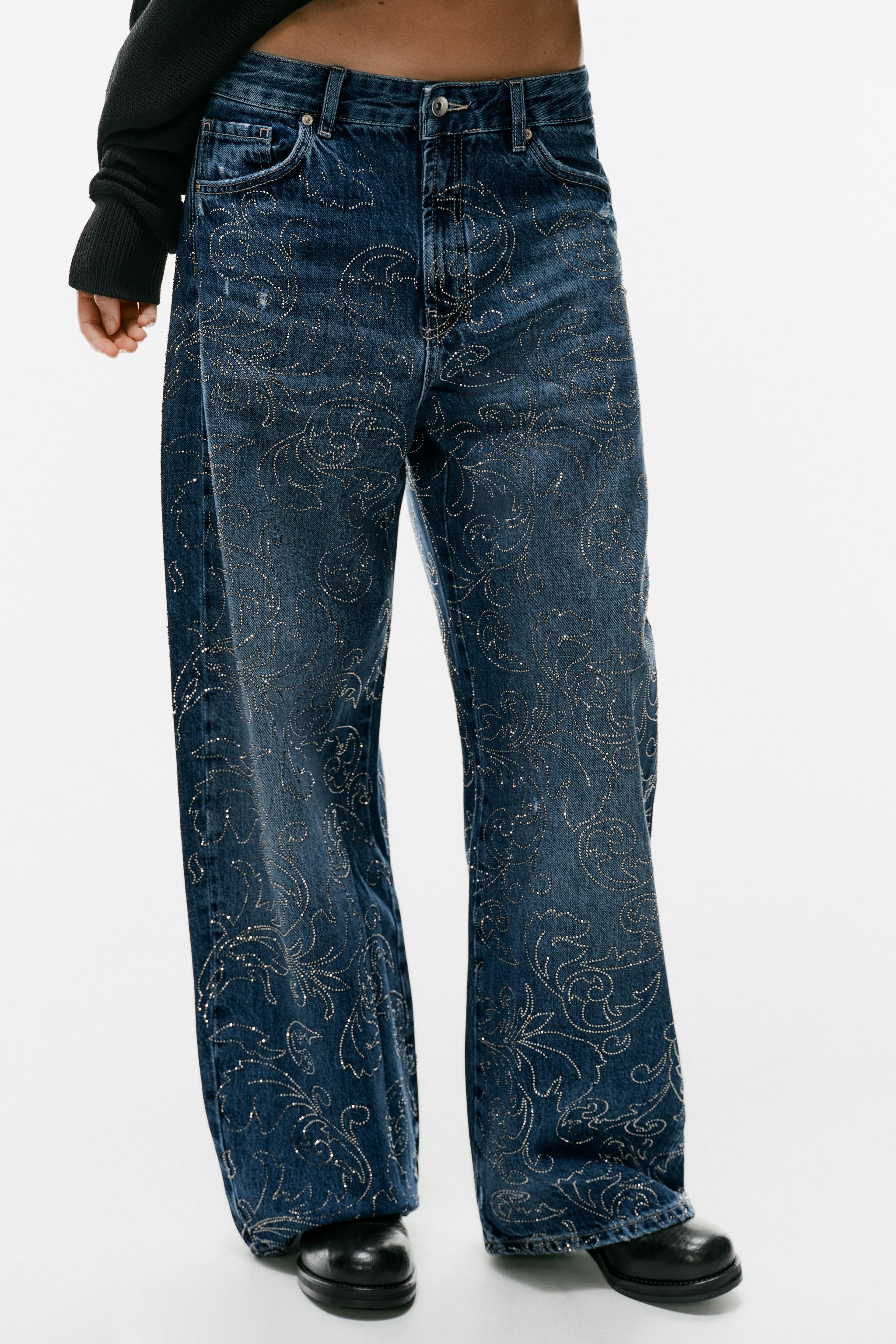 MID-RISE BAGGY RHINESTONE JEANS