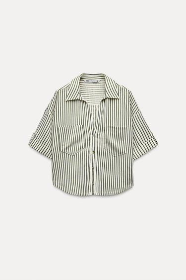SHORT-SLEEVED LINEN SHIRT - ecru/khaki by Zara