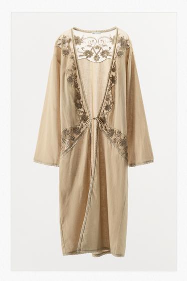 LONG BEADED EMBROIDERED KIMONO - Beige by Zara
