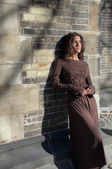 Zara GATHERED MIDI DRESS - Brown