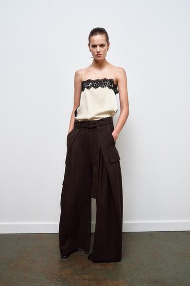 Zara ZARA WOMAN 系列緞面蕾絲上衣 - 白色 / 黑色