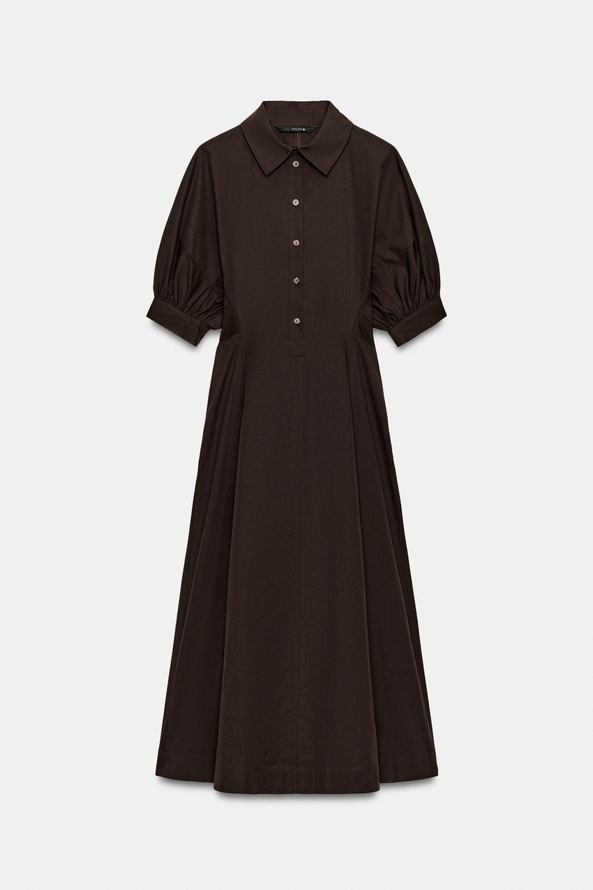 brown shirt dress zara BELTED FLOWY SHIRT DRESS - Brown