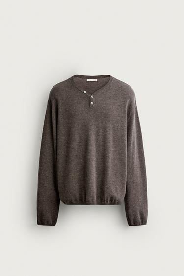 Zara WOOL-CASHMERE MOCK-NECK POLO SWEATER - Tan marl