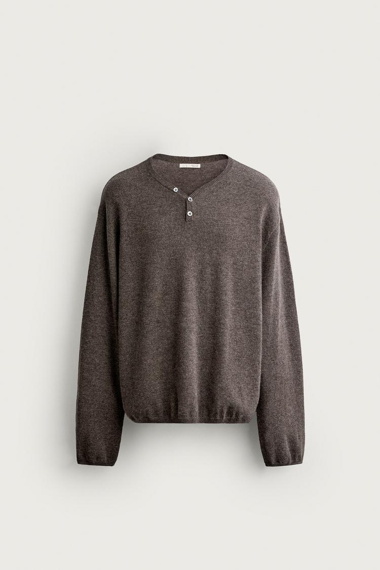WOOL-CASHMERE MOCK-NECK POLO SWEATER — Tan marl