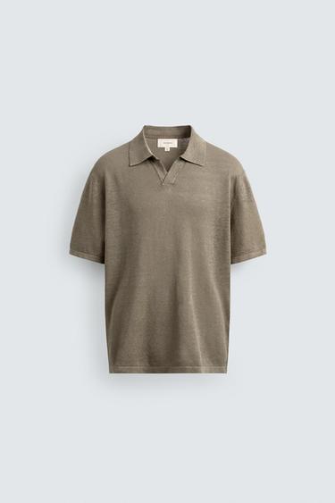 REGULAR FIT 100% LINEN KNIT POLO SHIRT - Light green by Zara