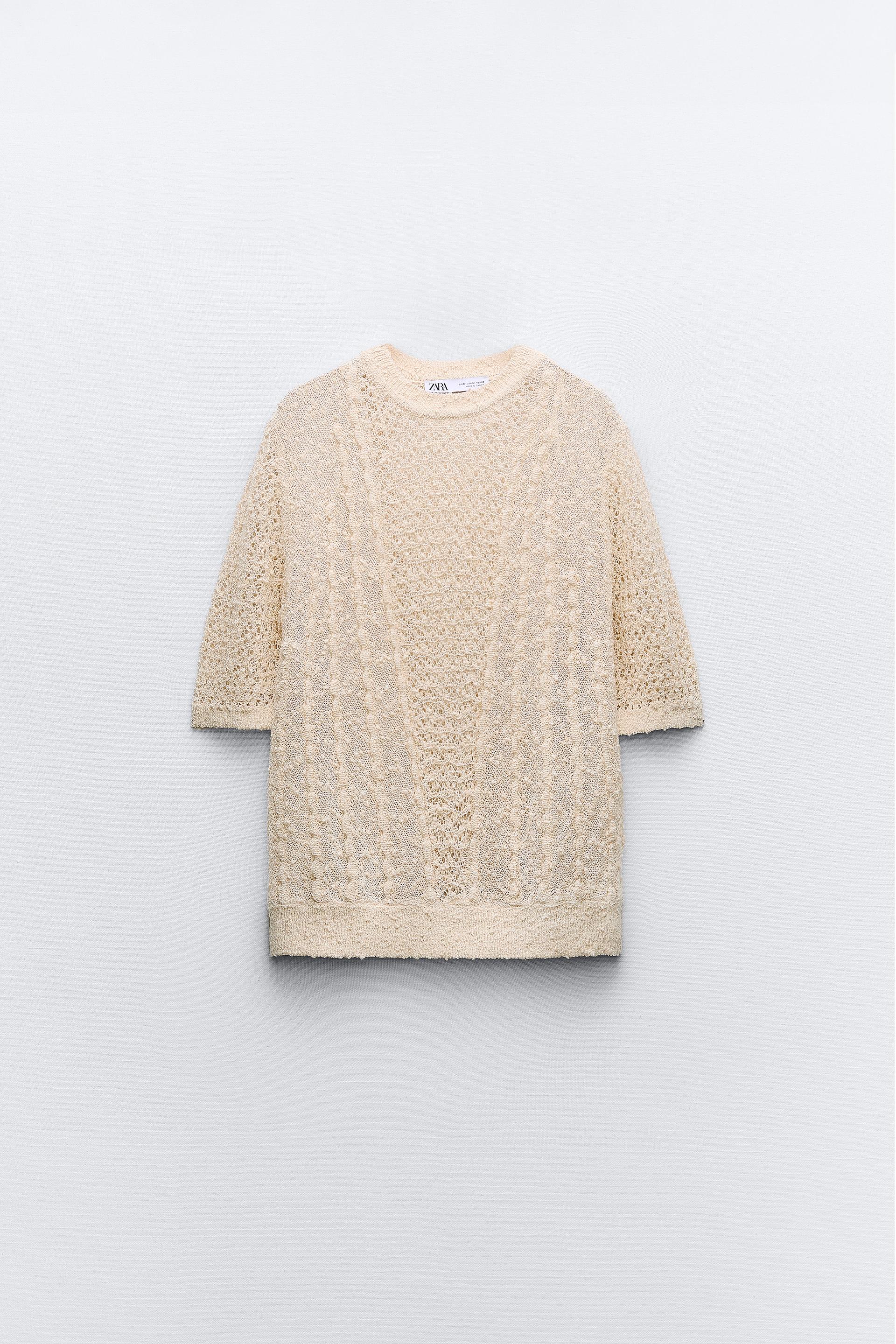  Solid Pointelle Knit Sweater (Color : Beige, Size : Large) :  Clothing, Shoes & Jewelry
