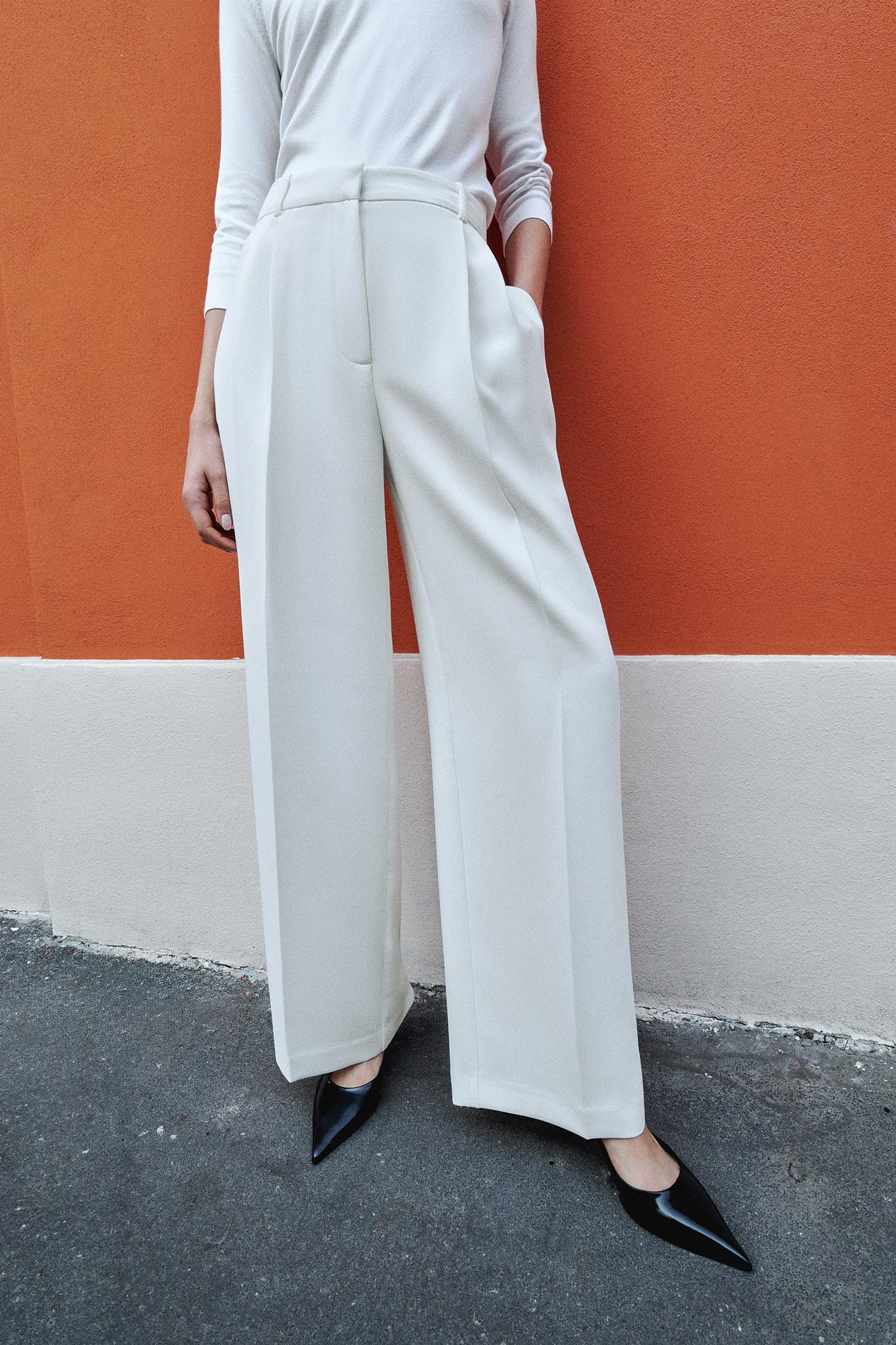 ZARA WOMEN NEW WIDE LEG PANTS WITH DARTS High-waisted OYSTER WHITE 3069/566