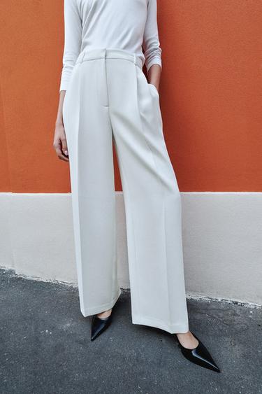 Zara HIGH WAIST WIDE LEG PANTS - Oyster-white