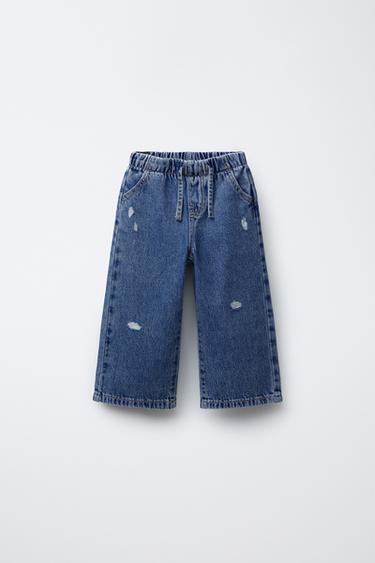 JEANS WIDE LEG ناعم ستايل ممزّق - أزرق by Zara