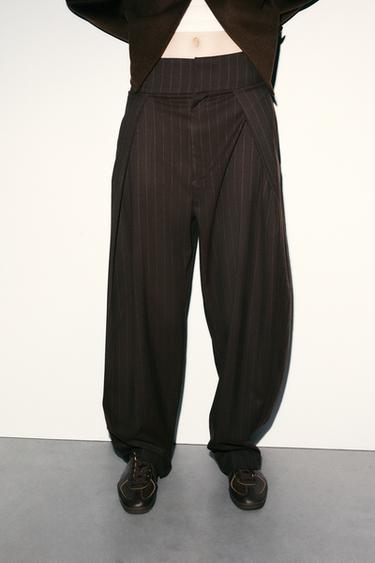 Zara BALLOON STRIPED PLEATED PANTS - Brown / Ecru