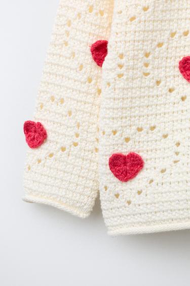 CROCHET KNIT JUMPER WITH HEARTS - Ecru by Zara - Image 3