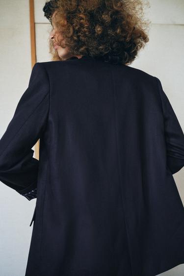 DOUBLE-BREASTED LINEN BLAZER WITH ROLLED-UP SLEEVES - Navy blue by Zara - Image 2
