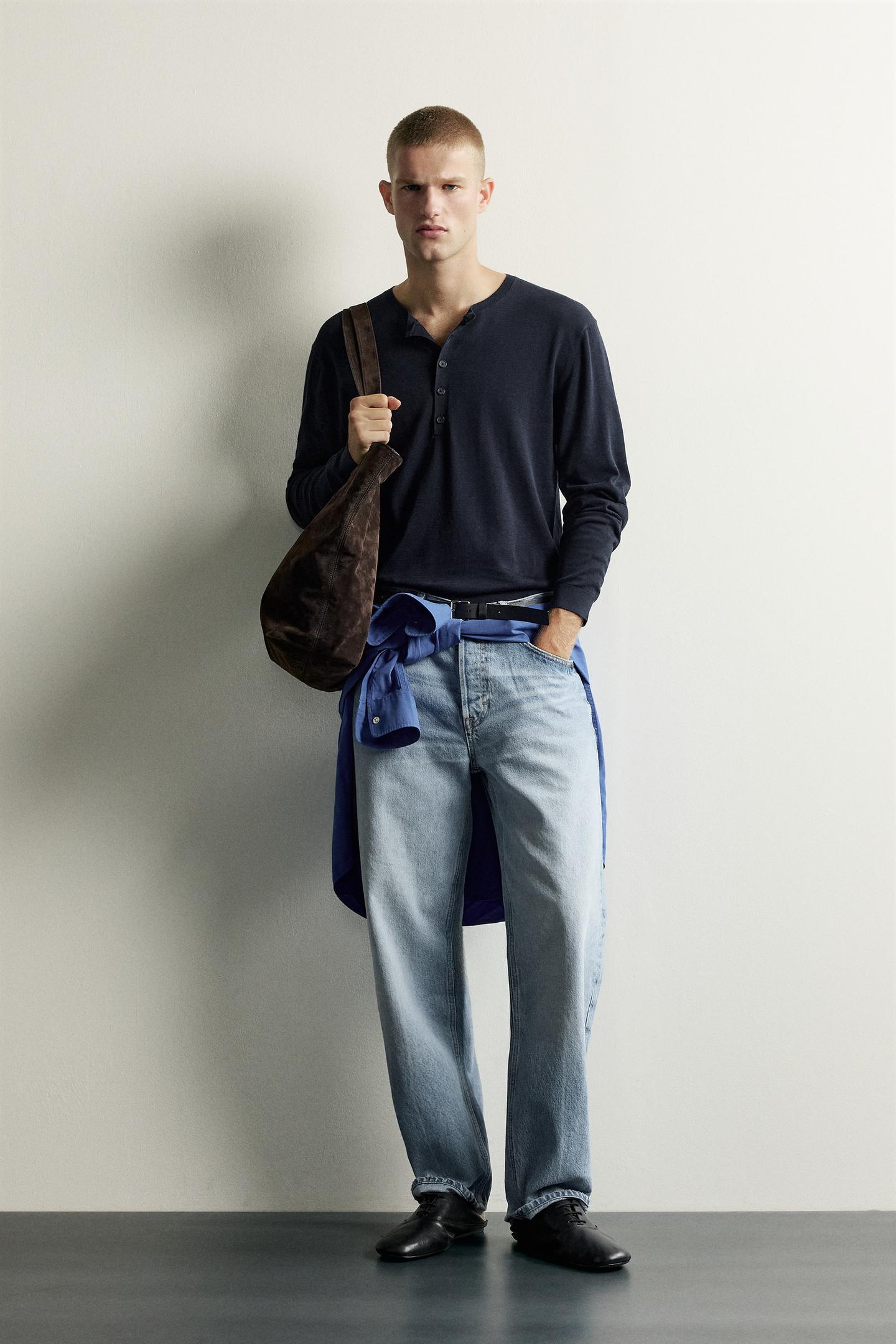 Мужская футболка Zara Knit Henley, цвет: Тёмно-синий