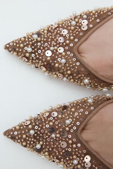MESH AND BEAD SLINGBACK HEELS - Light beige by Zara