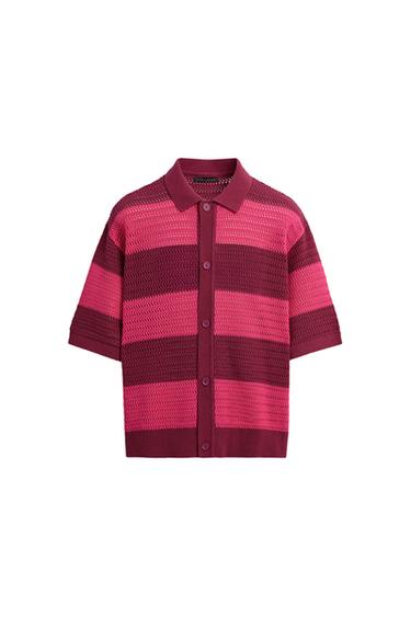 Front view of a pink and burgundy striped shirt with collar and button fastening.