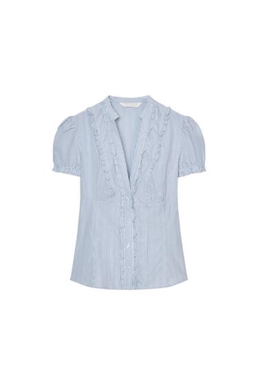 POPLIN SHIRT WITH RUFFLES - Blue/White by Zara