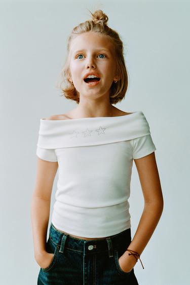 Zara OFF-THE-SHOULDER STUDDED T-SHIRT - White