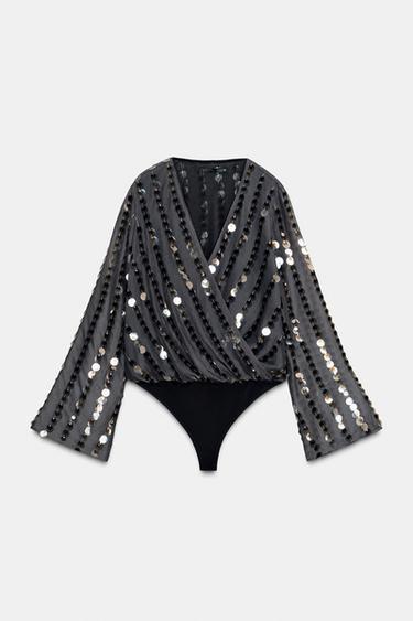 Zara SEQUIN BODYSUIT - Charcoal gray