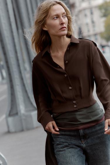 SHIRT WITH SHOULDER TABS - Brown by Zara