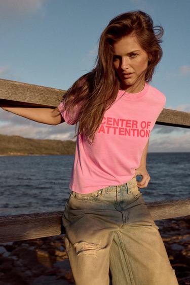 Zara WASHED EFFECT TEXT T-SHIRT - Pink