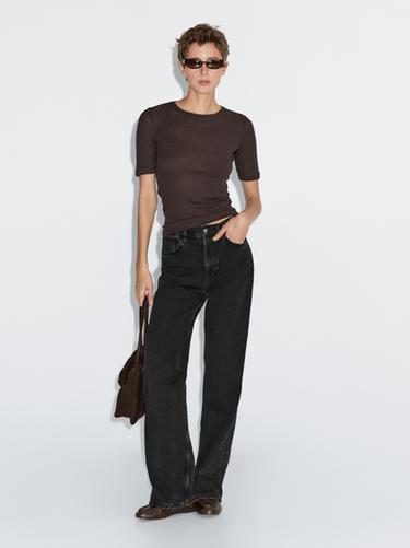 Zara High-waist straight-leg jeans with striped detail - Black
