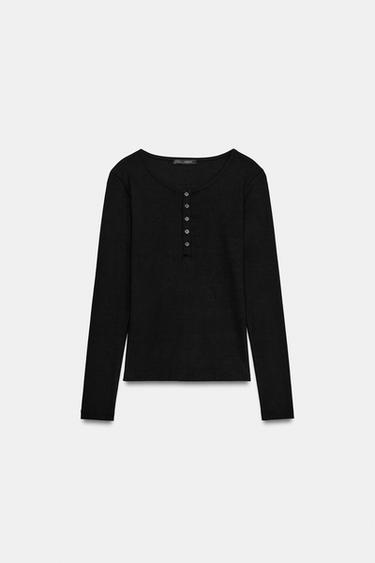 Zara RIBBED BUTTON-UP T-SHIRT - Black