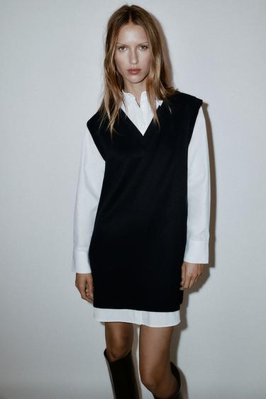 VESTIDO MINI COMBINADO POPELÍN - Negro / Blanco de Zara