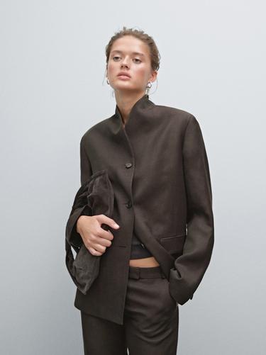 Zara Linen blend high neck blazer - Dark brown