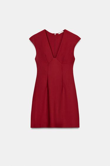 فستان كريب بفتحة صدر على شكل V - أحمر الخاص بـ Zara
