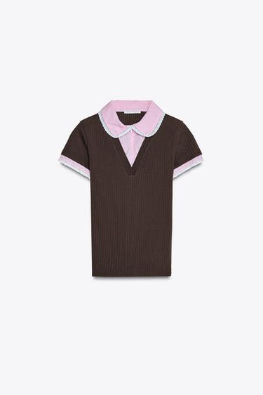 RIBBED T-SHIRT WITH PETER PAN COLLAR - Brown by Zara
