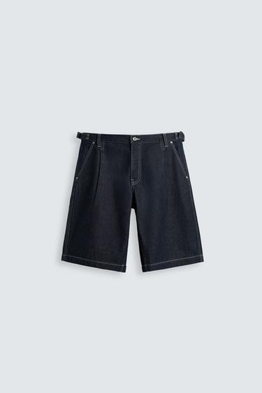 Zara BELTED BAGGY FIT DENIM SHORTS - Blue