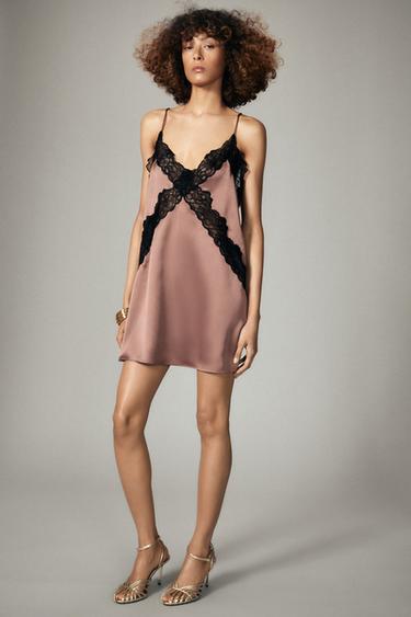 VESTIDO MINI ENCAJE CONTRASTE - Coñac de Zara - Imagen 0