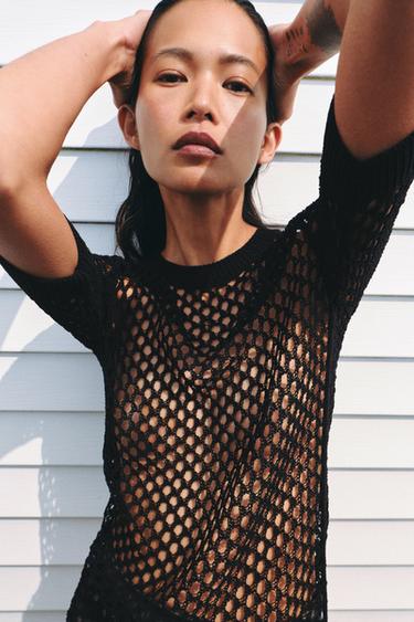 Zara OPENWORK KNIT SWEATER - Black